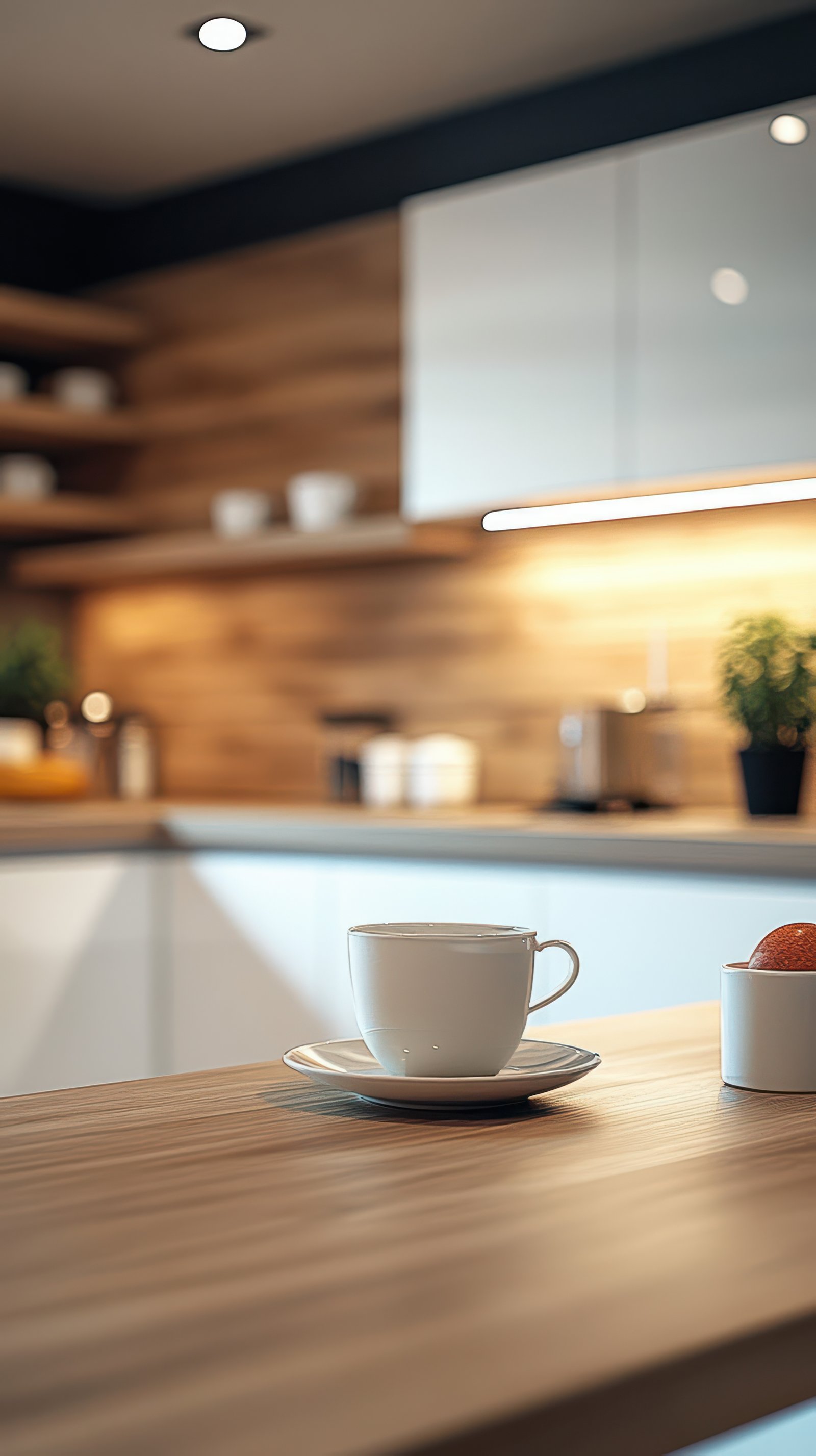 Warm cup of coffee on a wooden kitchen table in a modern, well-lit kitchen setting during the morning
